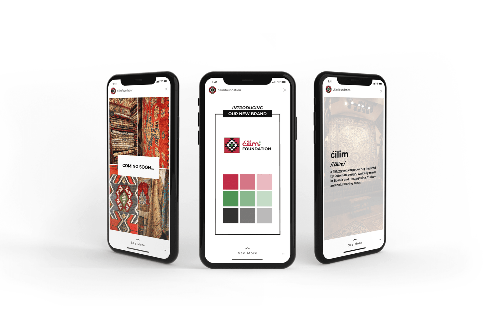 Cilim Foundation social media branding preview on three smartphones featuring cultural rug patterns, color palette reveal, and brand introduction designed by RevampX to elevate cultural storytelling through digital marketing.