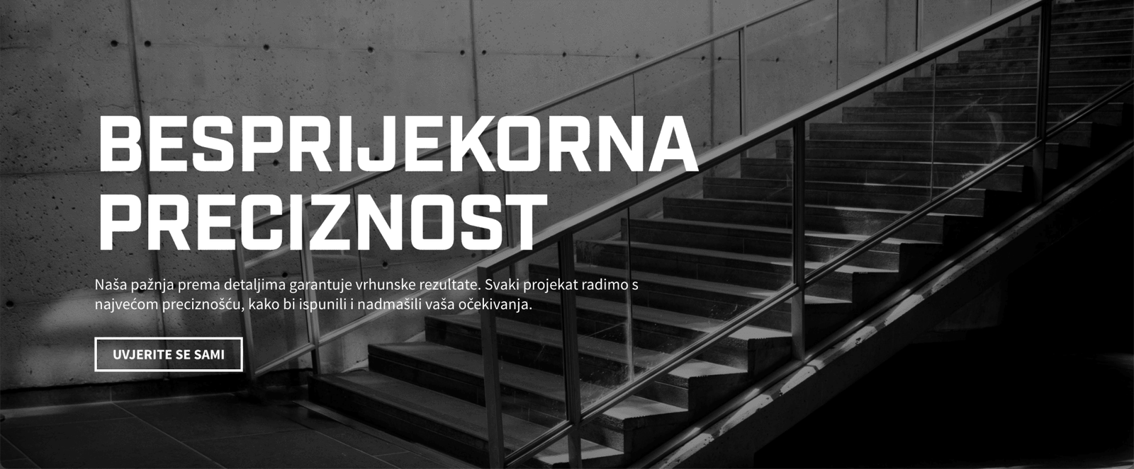 Modern staircase with stainless steel and glass railing highlighted in a website banner for Inox Metal Kakanj, designed by RevampX to showcase precision engineering and architectural elegance.