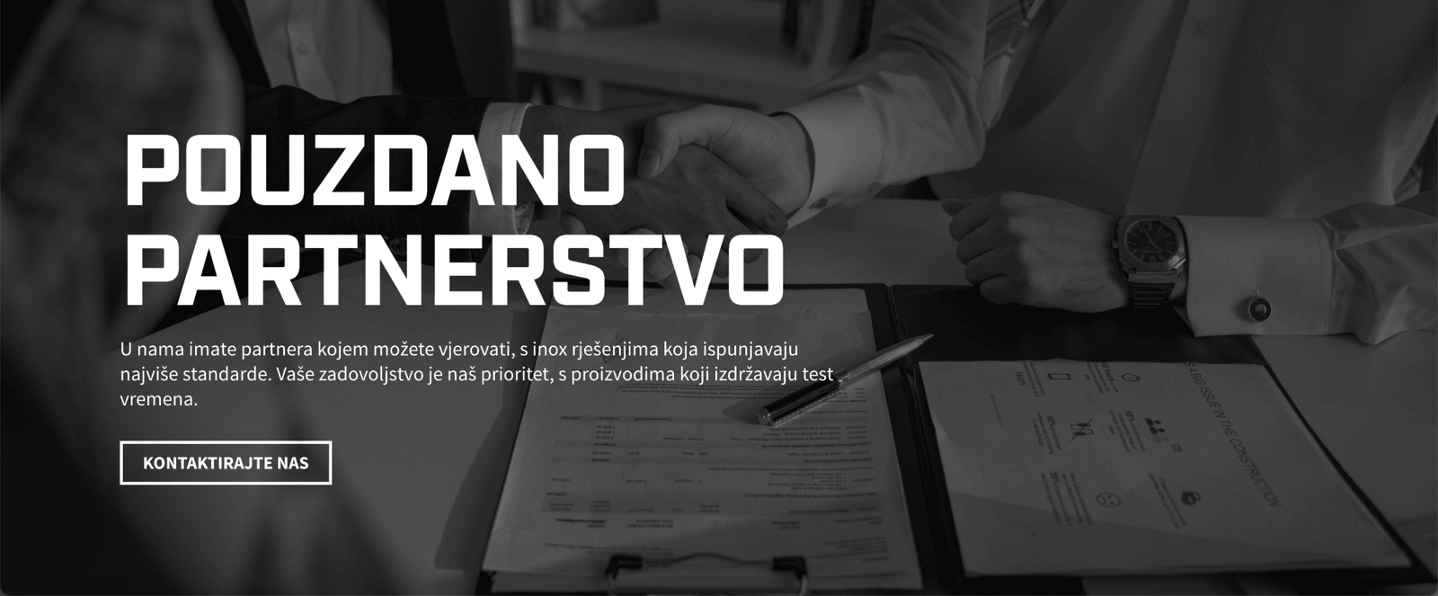 Business partnership visual with two professionals shaking hands over signed documents, featured on Inox Metal Kakanj’s website to convey trust, quality, and client-first service, designed by RevampX.