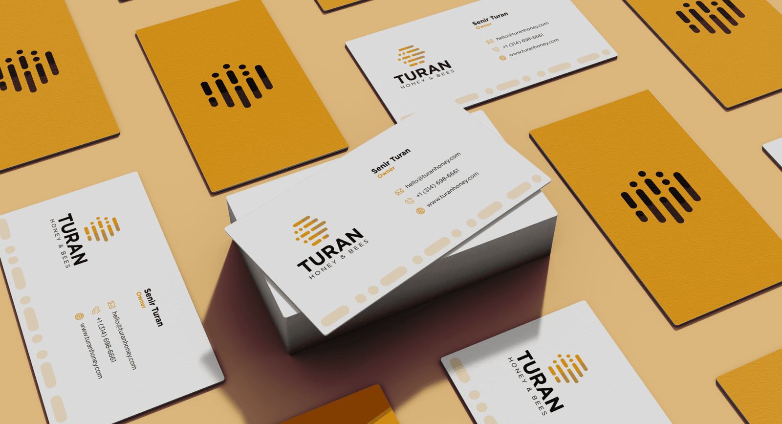 Turan Honey & Bees business card mockup featuring clean modern typography, honey-inspired branding elements, and vibrant yellow accents, designed by RevampX to reflect authenticity and premium product storytelling.