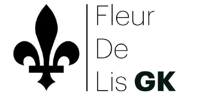 Fleur De Lis GK logo with a bold black fleur de lis symbol and modern vertical text design highlighting the brand’s initials.
